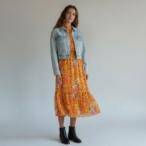 J.Crew Smocked Waist Ruffle Sleeveless Maxi Flowy Orange Sunset Floral XXL NWOT